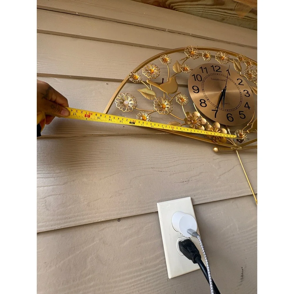 Lianzhuang Gold Fan Wall Clock Floral Bird Pendulum Quartz Crystal Accents 24in